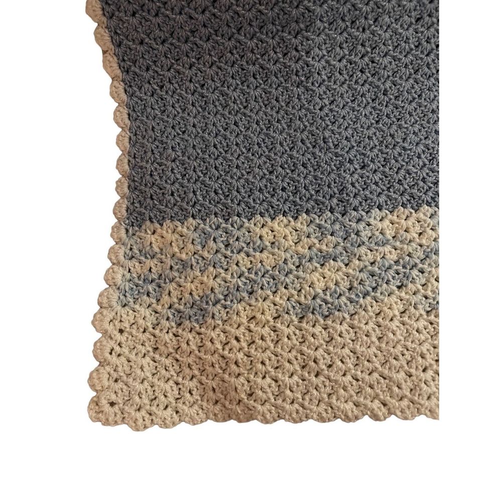 Handmade Knit Crochet Baby Blanket Pastel‎ Blue White Lap Blanket Size 30” X 35” - Picture 2 of 8